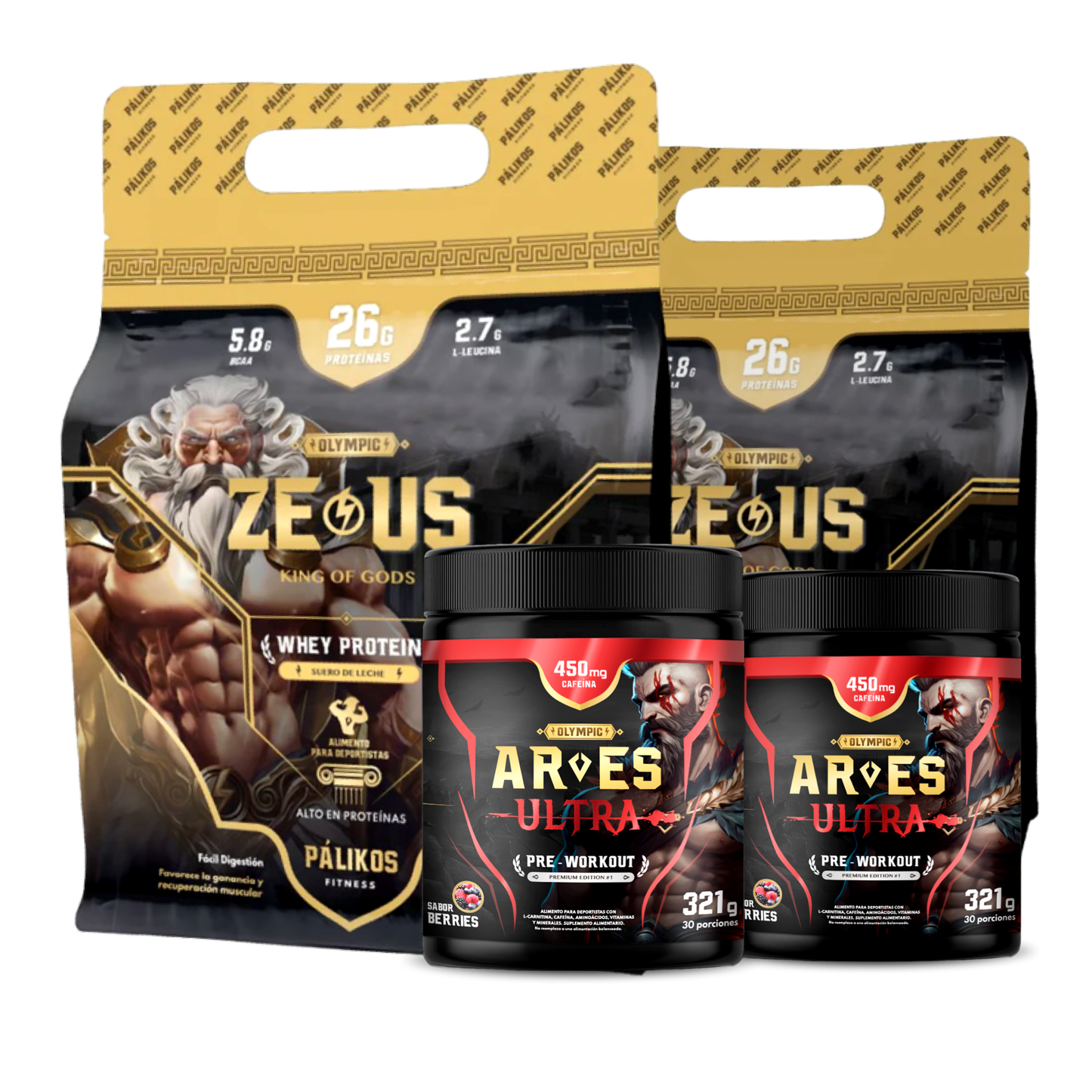 2 proteĆnas Zeus y 2 pre-entrenos Pegazus para energĆa y desarrollo muscular
