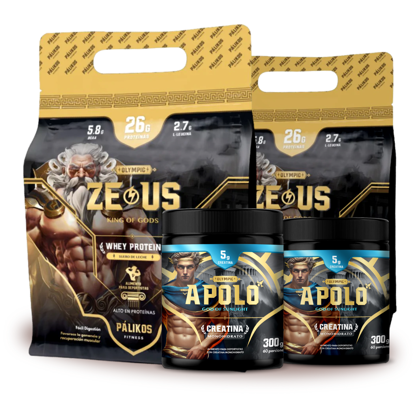 Pack deportivo Megapack Guerrero con proteínas Zeus y creatinas Apolo, ideal para atletas exigentes