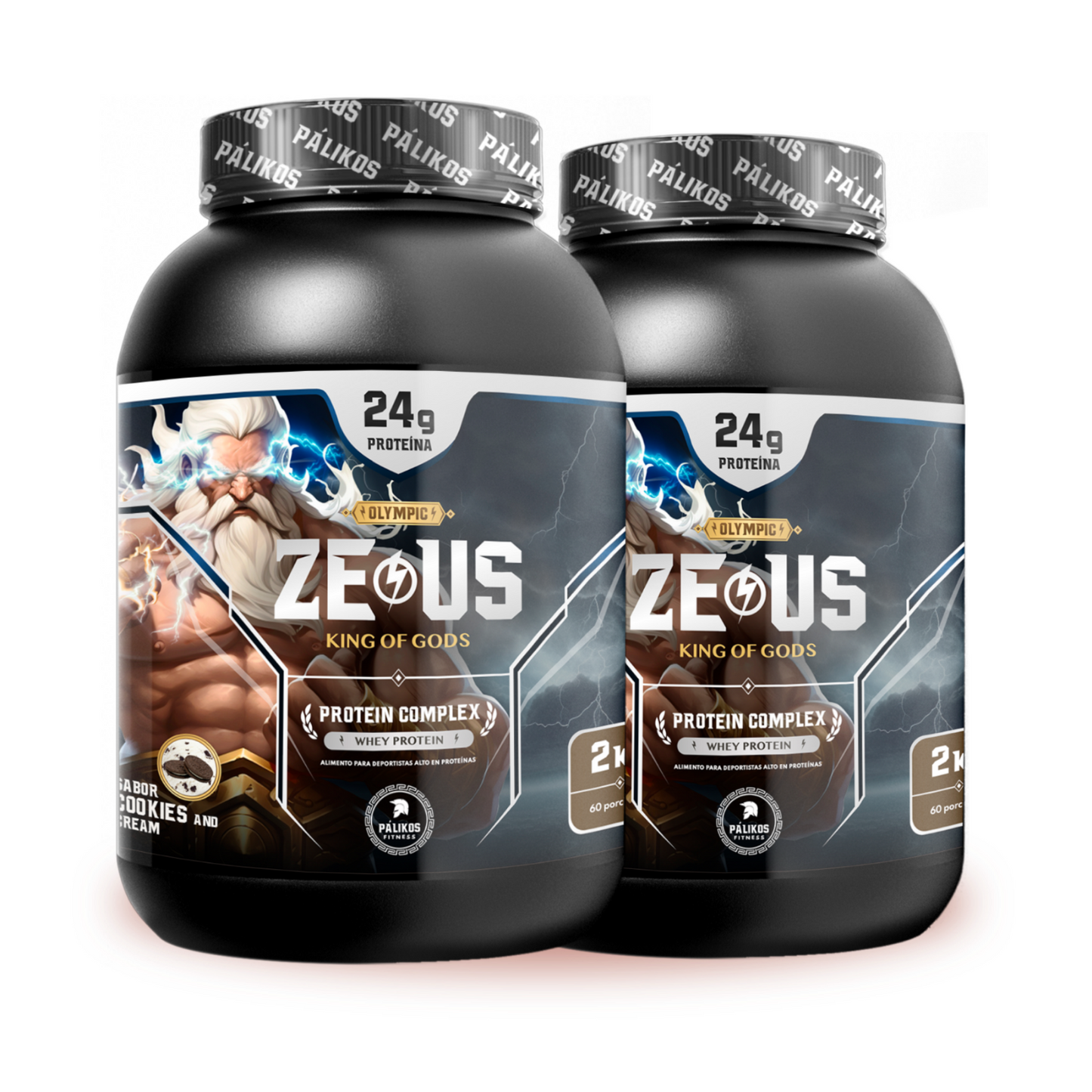 Pack de 2 proteínas Zeus Complex de 2 kg, ideal para ganar masa muscular y optimizar la recuperación
