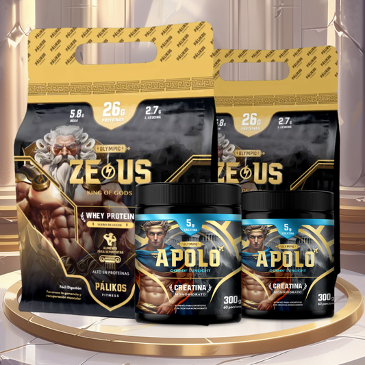 Megapack Guerrero: 2 proteínas Zeus de 2 kg y 2 creatinas Apolo para fuerza y recuperación